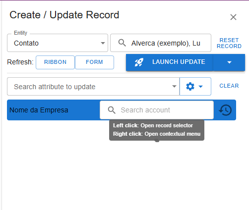 Painel de opções